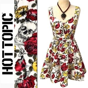 "Violent Roses" fit and flare dress sweetheart neckline rose/guns/skulls print-S